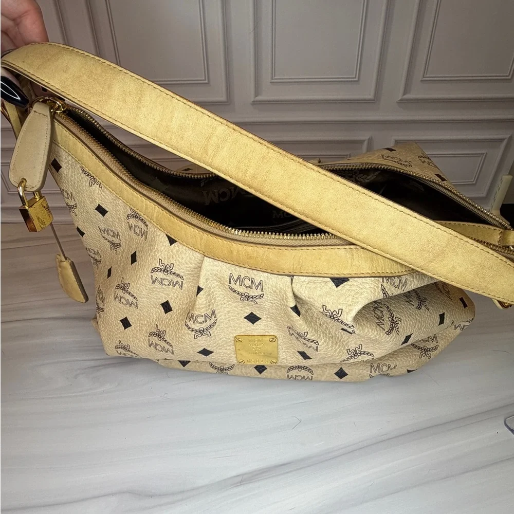 MCM Light Beige Visetos Leather Monogram Hobo Shoulder Bag | Lock & Key Included